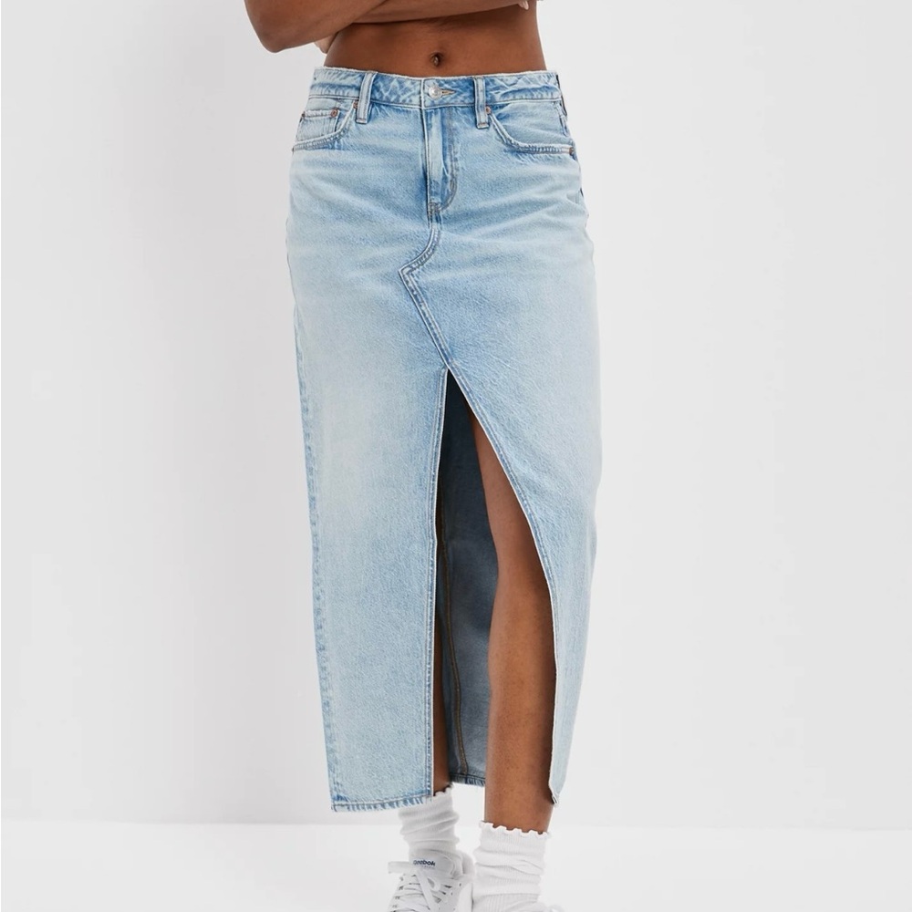 American Eagle Dreamy Drape Low Rise Denim Maxi Skirt